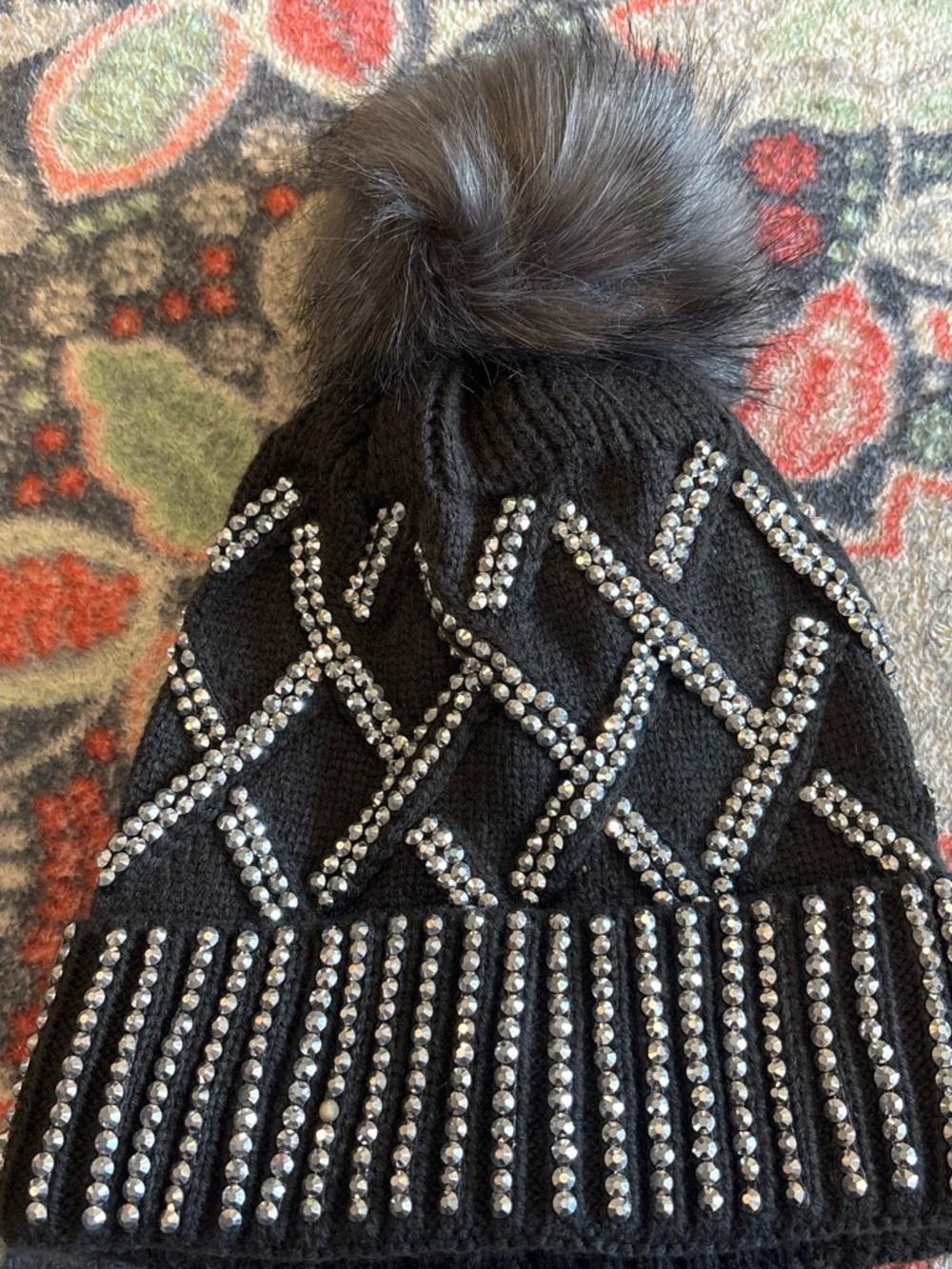 Embellished Black Knit Pom Beanie with Faux Fur Pom